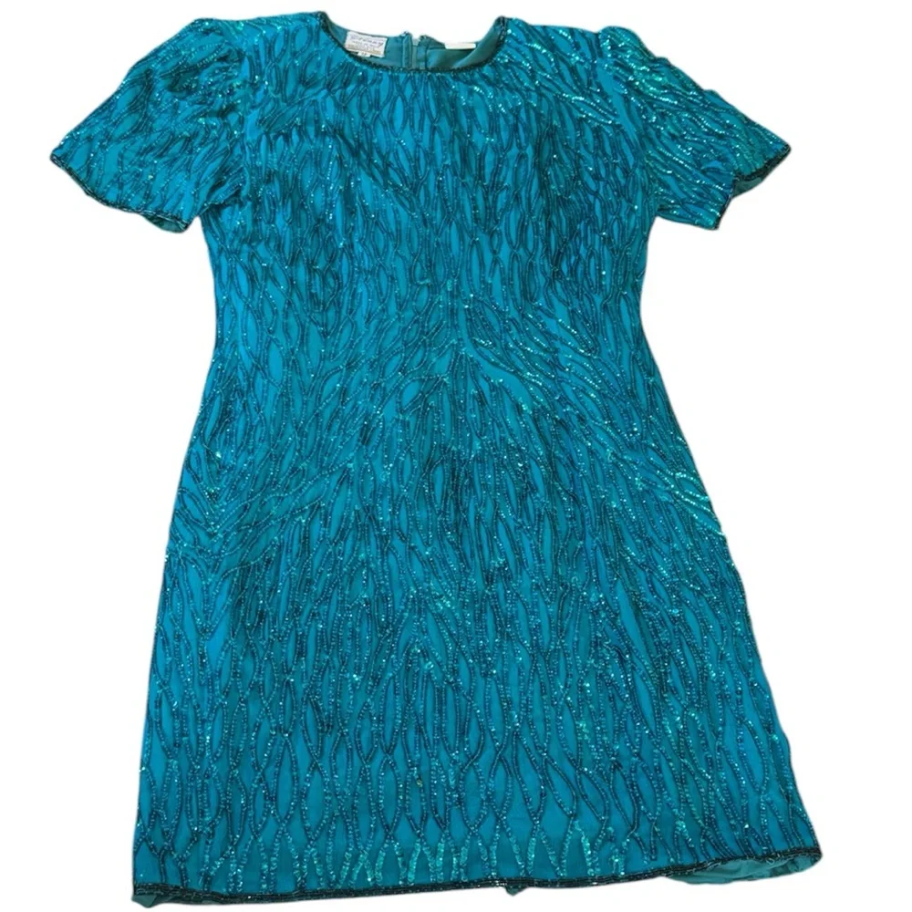 stenay beaded silk dress 80s Black Silk Beaded Dress with colorful Blue Green and Gold Beads and Sequins by Stenay Size S/M Excellent Vintage Condition